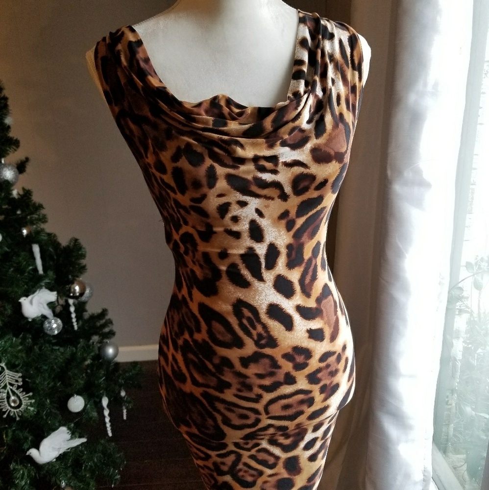 Animal print draped neck body hugging dress - Picture 1 of 7